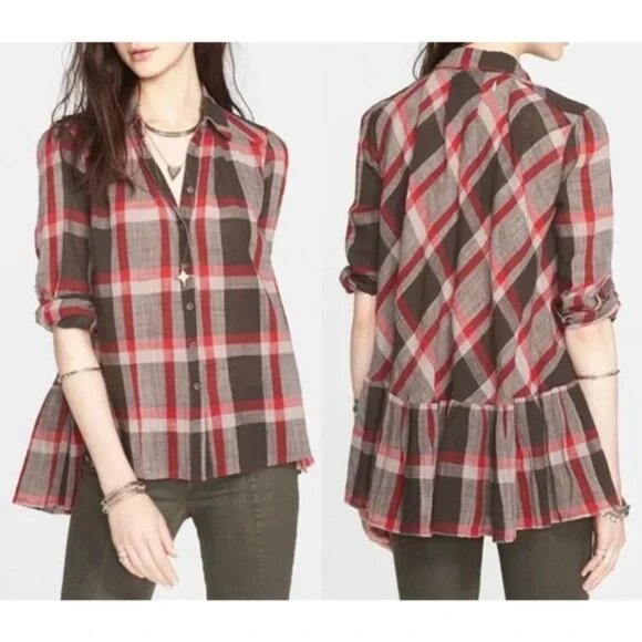 Free People Tops - Free People Peppy Plaid Boho Top Oversized Shirt Women Size S Cotton